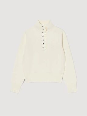 Sandro Cream Mock Neck Sweater with Ruffle Button Placket